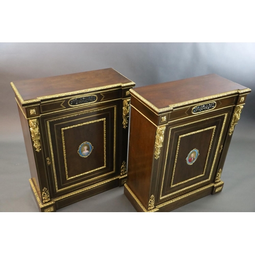 349 - A pair of 19th century French ormolu mounted walnut pier cabinets, inset with pietra dura and porcel... 