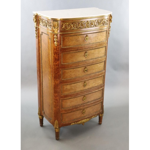 350 - A Louis XVI style ormolu mounted mahogany semanier, with veined with marble bowfront top, frieze dra... 