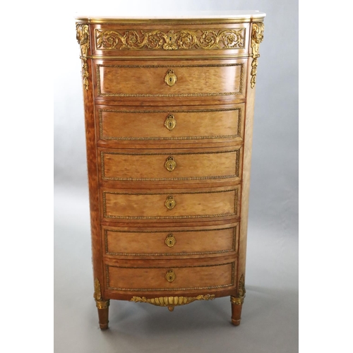 350 - A Louis XVI style ormolu mounted mahogany semanier, with veined with marble bowfront top, frieze dra... 