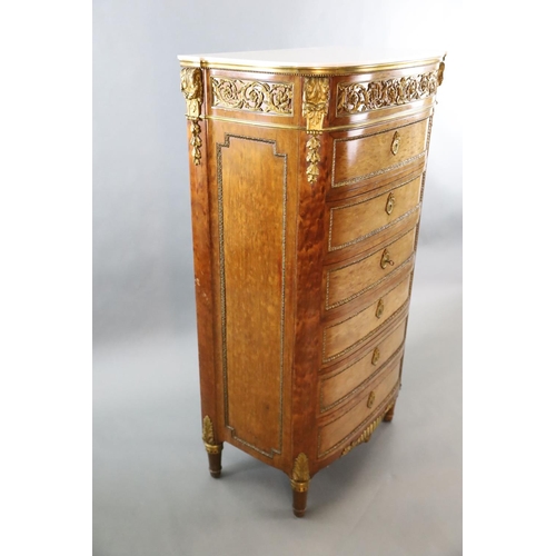 350 - A Louis XVI style ormolu mounted mahogany semanier, with veined with marble bowfront top, frieze dra... 