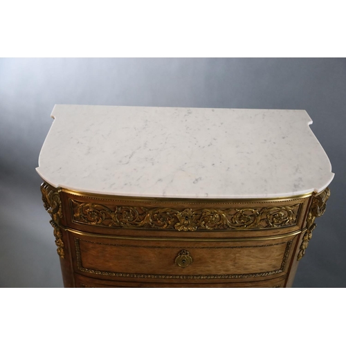 350 - A Louis XVI style ormolu mounted mahogany semanier, with veined with marble bowfront top, frieze dra... 