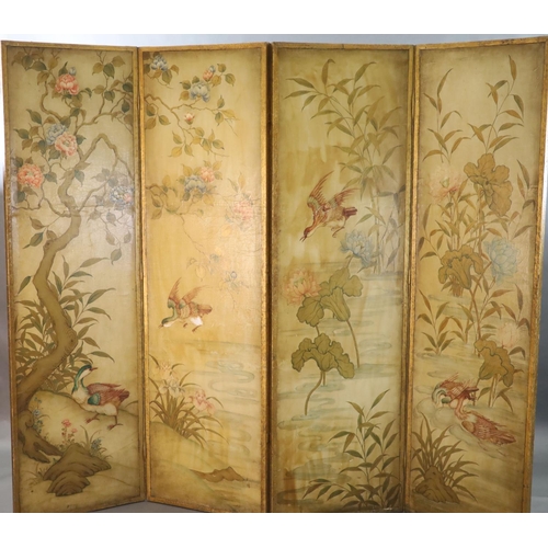 355 - A late 19th century four leaf draught screen, with parcel gilt frame, decorated in the chinoiserie m... 