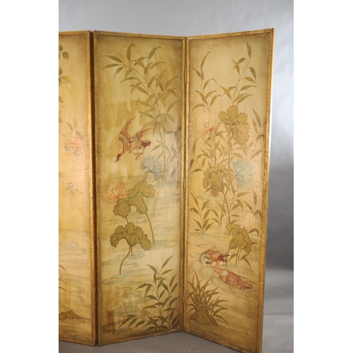 355 - A late 19th century four leaf draught screen, with parcel gilt frame, decorated in the chinoiserie m... 