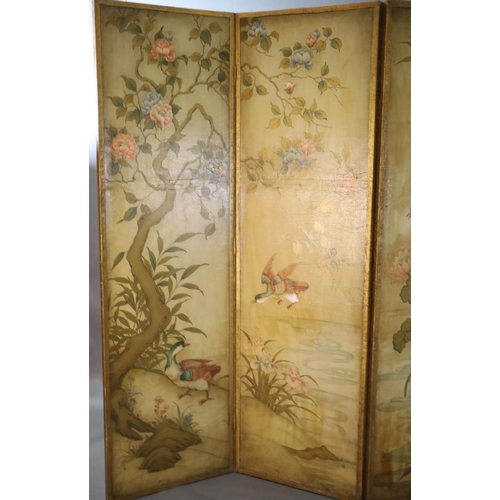 355 - A late 19th century four leaf draught screen, with parcel gilt frame, decorated in the chinoiserie m... 