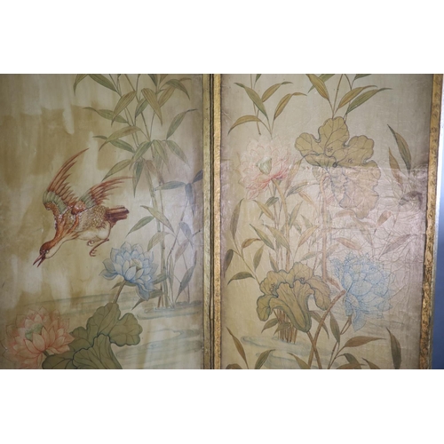 355 - A late 19th century four leaf draught screen, with parcel gilt frame, decorated in the chinoiserie m... 