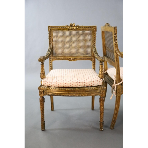 356 - A pair of Louis XVI style walnut giltwood fauteuils, with flower and ribbon carved frames, caned bac... 