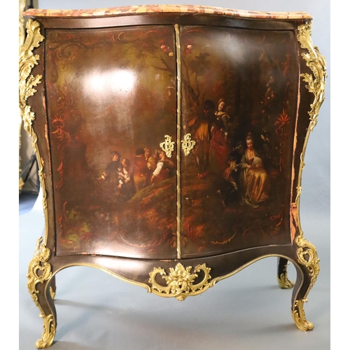 358 - A late 19th century Louis XVI style serpentine bombe commode, with marble top and Vernis Martin styl... 