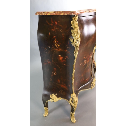 358 - A late 19th century Louis XVI style serpentine bombe commode, with marble top and Vernis Martin styl... 