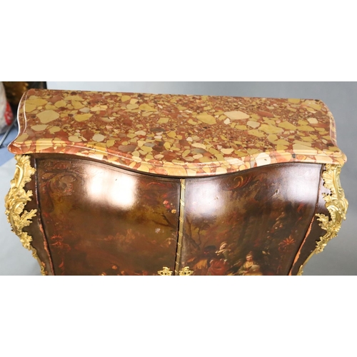 358 - A late 19th century Louis XVI style serpentine bombe commode, with marble top and Vernis Martin styl... 