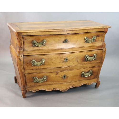 361 - A 19th century Continental walnut serpentine commode, fitted three long drawers with brass loop hand... 