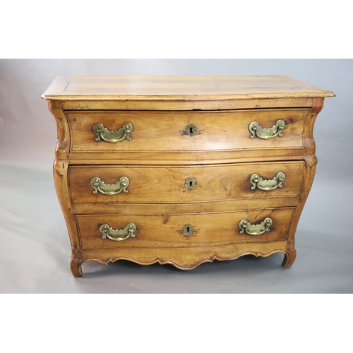 361 - A 19th century Continental walnut serpentine commode, fitted three long drawers with brass loop hand... 