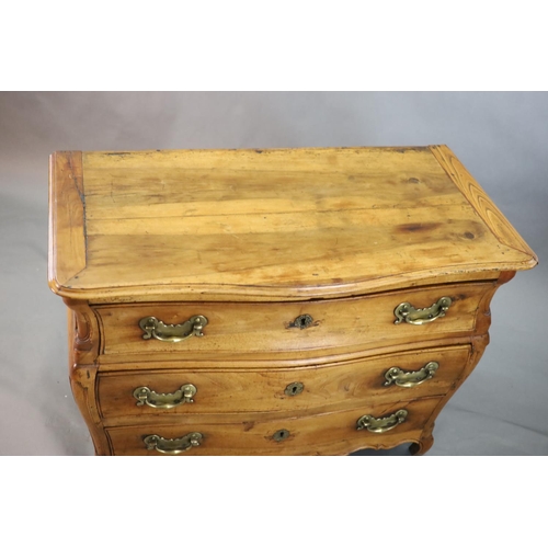 361 - A 19th century Continental walnut serpentine commode, fitted three long drawers with brass loop hand... 