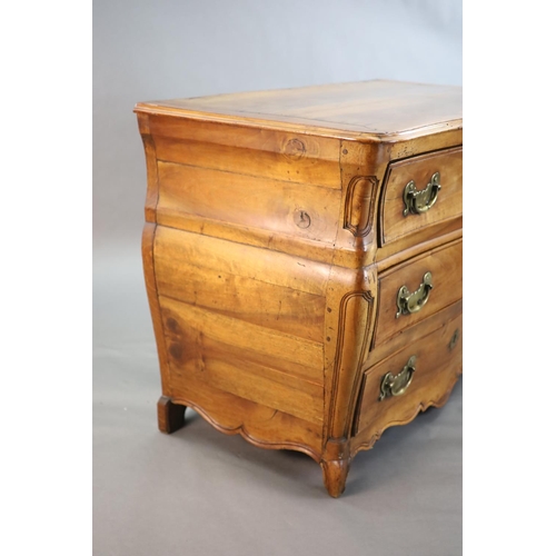 361 - A 19th century Continental walnut serpentine commode, fitted three long drawers with brass loop hand... 