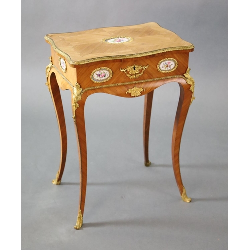 362 - A late 19th century French Louis XV style ormolu kingwood work table, inset with Sevres style porcel... 