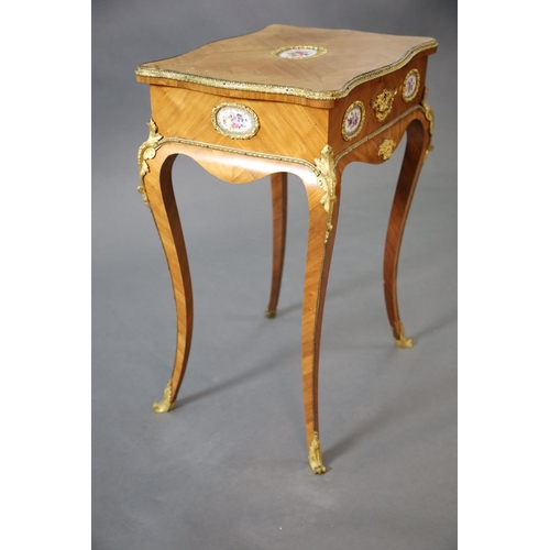 362 - A late 19th century French Louis XV style ormolu kingwood work table, inset with Sevres style porcel... 