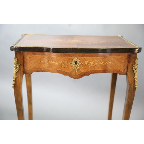 363 - A pair of Louis XVI style ormolu mounted marquetry work tables, with serpentine rectangular tops, on... 