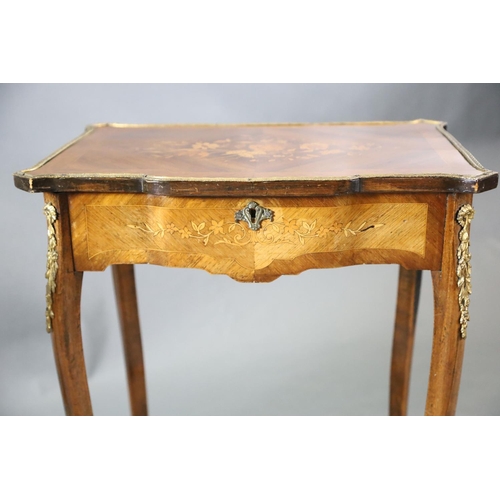 363 - A pair of Louis XVI style ormolu mounted marquetry work tables, with serpentine rectangular tops, on... 