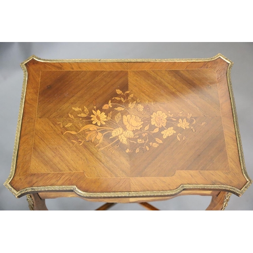 363 - A pair of Louis XVI style ormolu mounted marquetry work tables, with serpentine rectangular tops, on... 