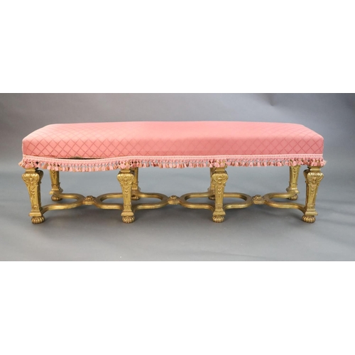 365 - A Louis XIV style carved giltwood stool, with upholstered seat and scroll and harebell carved square... 