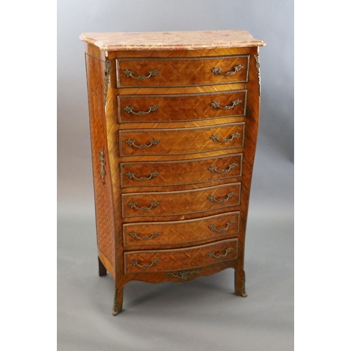 366 - An early 20th century French Louis XVI style parquetry semanier, with marble top and seven ormolu mo... 