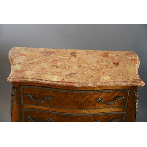 366 - An early 20th century French Louis XVI style parquetry semanier, with marble top and seven ormolu mo... 