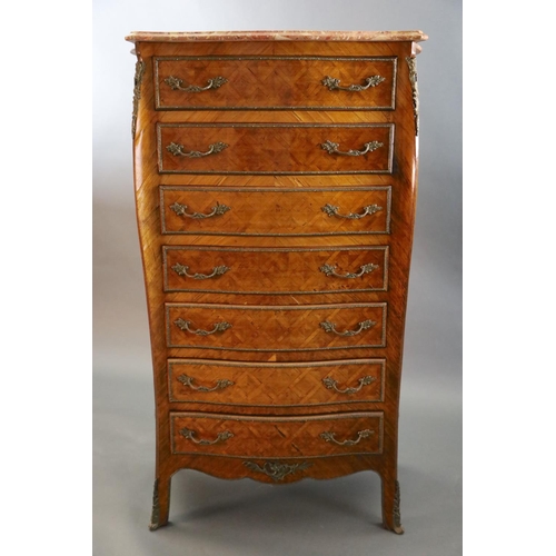 366 - An early 20th century French Louis XVI style parquetry semanier, with marble top and seven ormolu mo... 