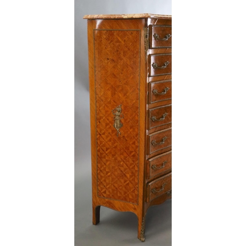 366 - An early 20th century French Louis XVI style parquetry semanier, with marble top and seven ormolu mo... 