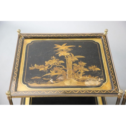 377 - A pair of French brass and chinoiserie black lacquered two tier occasional tables, decorated with bi... 