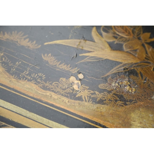 377 - A pair of French brass and chinoiserie black lacquered two tier occasional tables, decorated with bi... 