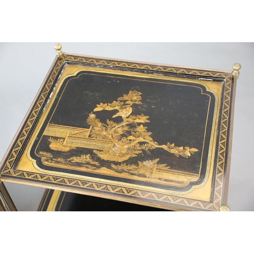 377 - A pair of French brass and chinoiserie black lacquered two tier occasional tables, decorated with bi... 