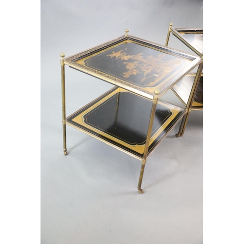 377 - A pair of French brass and chinoiserie black lacquered two tier occasional tables, decorated with bi... 