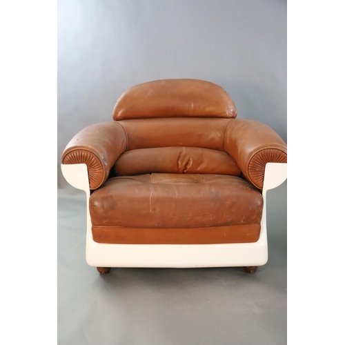 378 - A pair of mid century tan leather and fibreglass tub chairs, possibly French, by Airbourne, W.3ft 1i... 