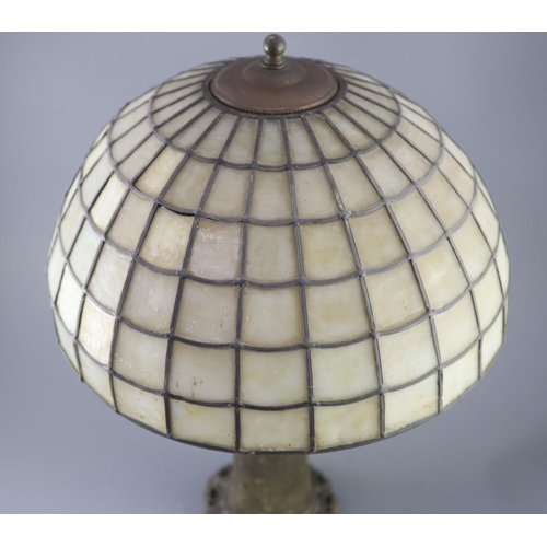 38 - An early 20th century Tiffany style bronze table lamp, by Handel, with opaque leaded glass domed sha... 