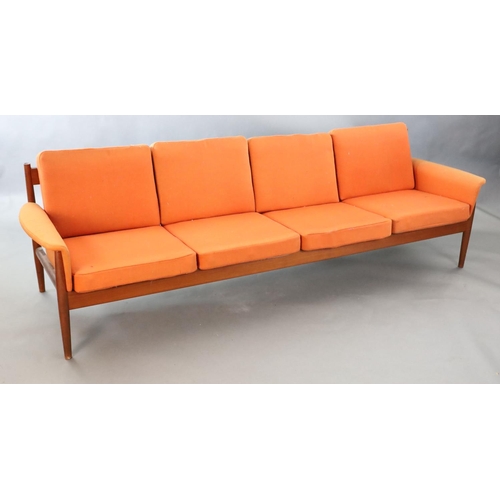 382 - A Grete Jalk for France & Son four seater sofa, with original burnt orange cloth upholstery and teak... 