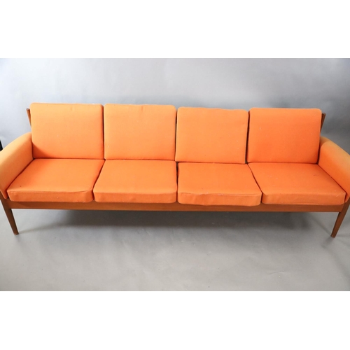 382 - A Grete Jalk for France & Son four seater sofa, with original burnt orange cloth upholstery and teak... 