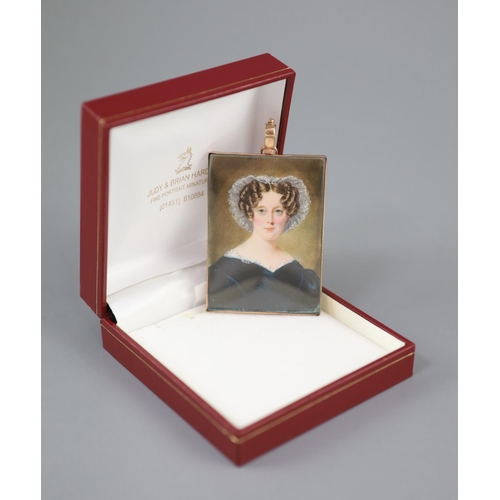 390 - William Egley (1798-1870)oil on ivoryPortrait miniature of a lady wearing a lace bonnet and green dr... 