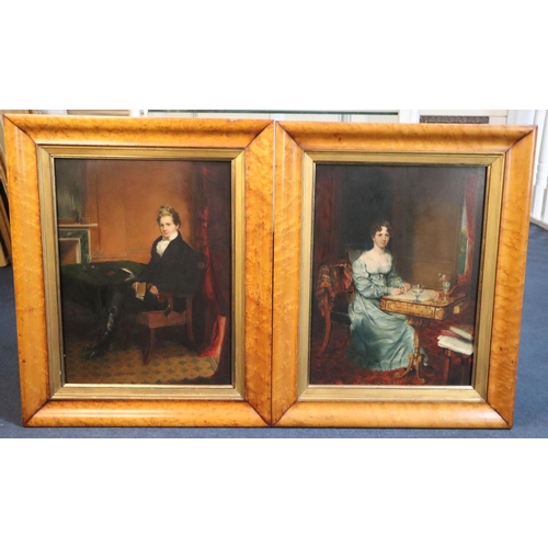 392 - John Partridge (1790-1872)pair of oils on panelFull length portraits of a husband and wife, each sea... 