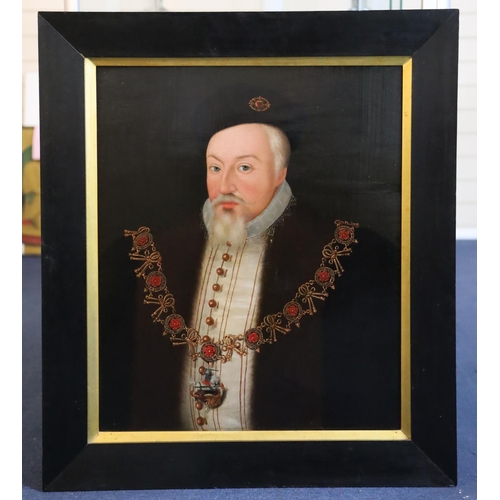 396 - Follower of Sir William Segaroil on wooden panelPortrait of Robert Dudley, Earl of Leicester22.5 x 1... 