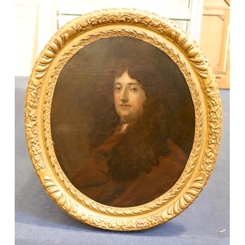 399 - Circle of Sir Peter Lely (1618-1680)oil on canvasPortrait of a gentleman wearing a brown coatoval, 2... 