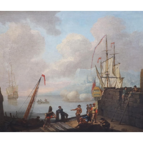 407 - Follower of Joseph Vernet (1714-1789)pair of oils on canvasHarbour scenes with warships firing salut... 