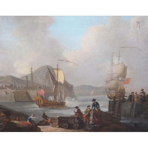 407 - Follower of Joseph Vernet (1714-1789)pair of oils on canvasHarbour scenes with warships firing salut... 