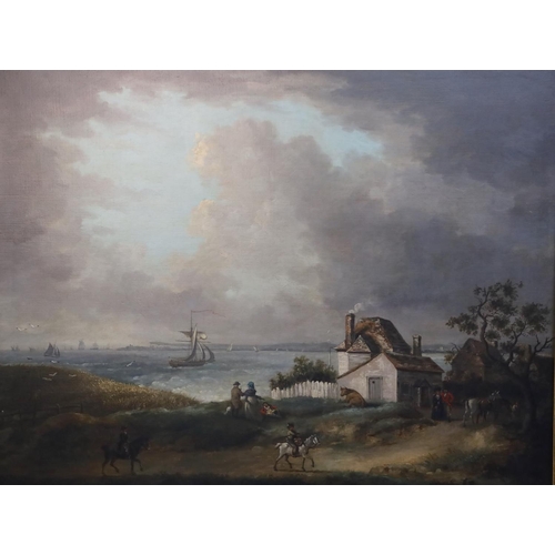 411 - George Morland (1763-1804)oil on canvasWeymouth bay with a distant view of the harbour and Portland ... 