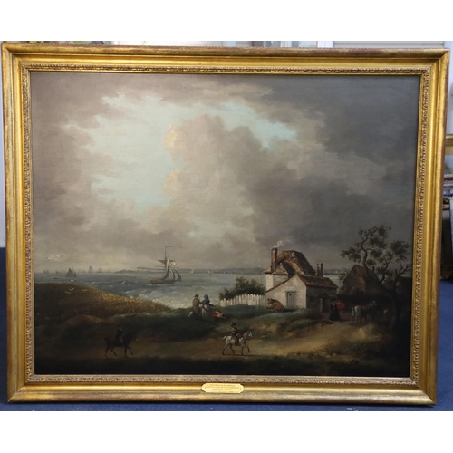 411 - George Morland (1763-1804)oil on canvasWeymouth bay with a distant view of the harbour and Portland ... 