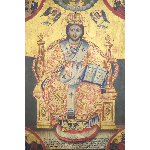 414 - A 19th century tempera on panel icon, probably Russian, depicting Christ Pantocrator, inscribed and ... 