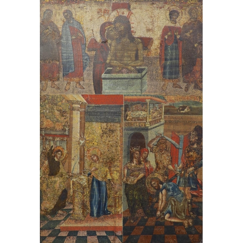 416 - An 18th/19th century Greek tempera on wooden panel icon, depicting The Resurrection, Annunciation an... 