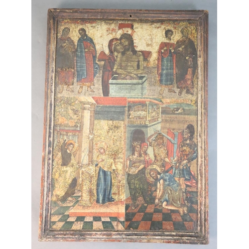 416 - An 18th/19th century Greek tempera on wooden panel icon, depicting The Resurrection, Annunciation an... 