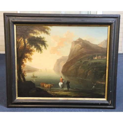 419 - 18th century English Schooloil on canvasTravellers in a coastal landscape with ferryman20 x 25in.CON... 