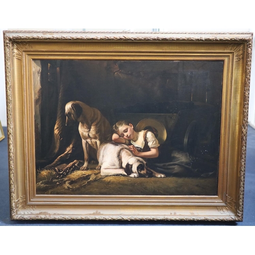 427 - Fritz Gotfred Thomsen (1819-1891)oil on canvasGirl and mastiffs in a stablesigned28.5 x 39in.CONDITI... 