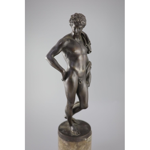 43 - After the Antique, a bronze figure of Apollo?, 19th century, on a grey marble and bronze pedestal, 2... 