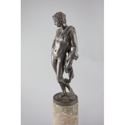 43 - After the Antique, a bronze figure of Apollo?, 19th century, on a grey marble and bronze pedestal, 2... 